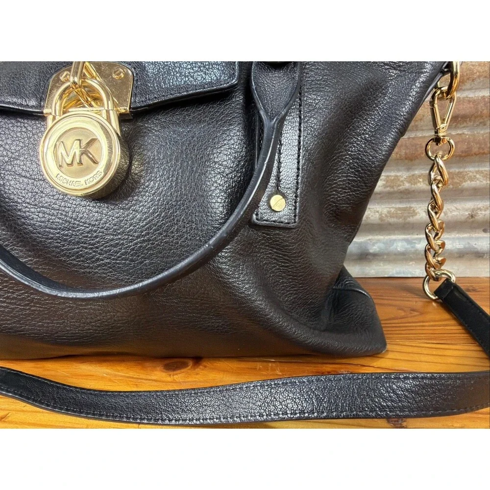 Michael Kors Hamilton Satchel Tote Leather Bag Black with Gold Lock and Chain